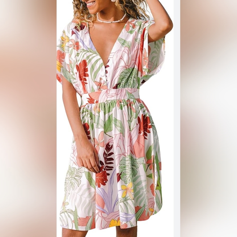 Cupshe White Tropical Floral V-Neck Mini Dress with Green & Coral Accents